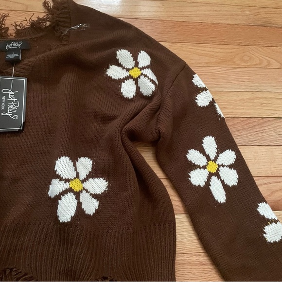 Just Polly Knit Sweater Womens Large Brown Daisy Cottagecore Fairy Artsy NWT - Picture 3 of 7